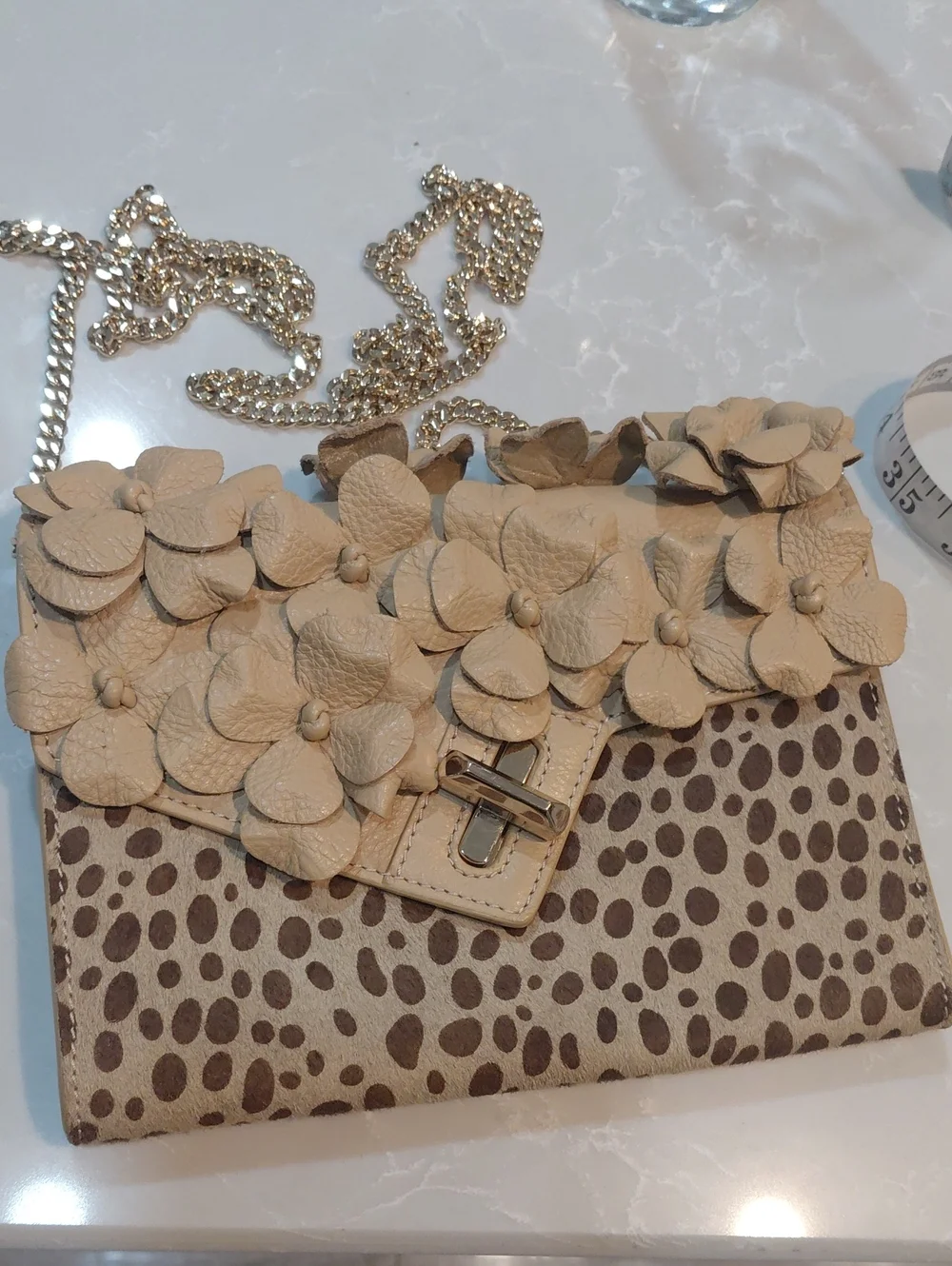 Floral Applique Calf Hair Leopard-Print Crossbody Bag in Beige - Picture 7 of 14